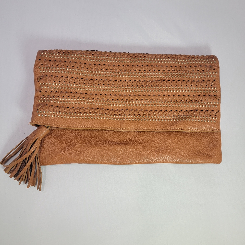 Tan Leather Clutch with Tassel